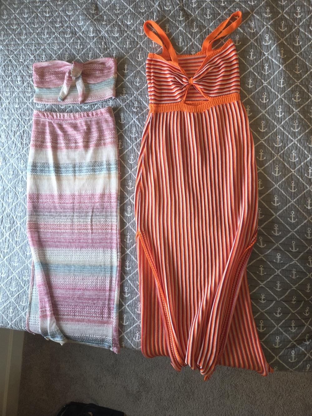 Striped Knit Maxi Dress and Pastel Two-Piece Set